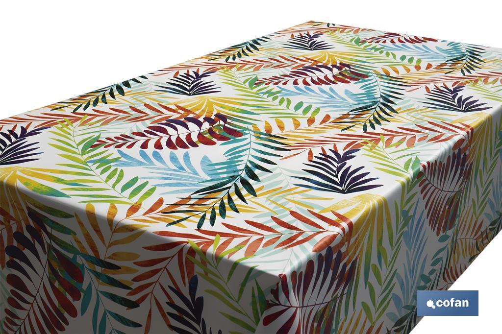 Rollo de mantel antimanchas de estampado digital con diseño con hojas | 50 % algodón y 50 % PVC | Medidas: 1,40 x 25 m